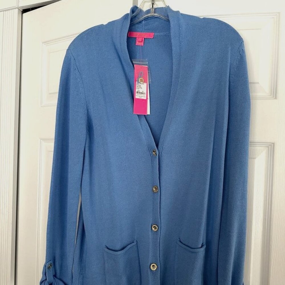 Lilly Pulitzer Button Up Cotton Cornet Cardigan Roll Cuff - Periwinkle Blue - M